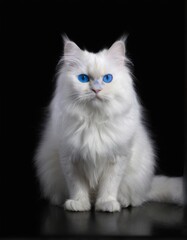 White Cat with Piercing Blue Eyes and Fluffy Fur Sitting on Black Surface, Curiously Facing Camera