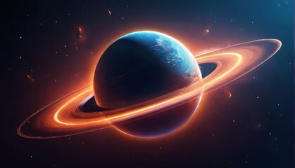 Obraz premium Vibrant digital illustration of a planet with colorful rings, set against a starry night sky in a dynamic composition.