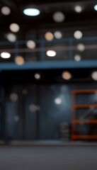 Blurred warehouse interior with overhead lights