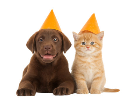 Happy, smiling puppy and cat wearing birthday hats isolated on a transparent background