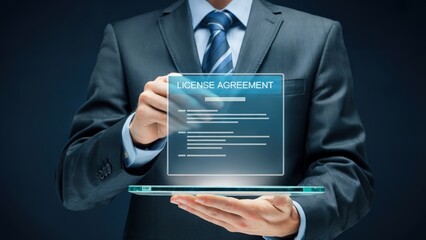 Businessman holds a license agreement document on a tablet screen showing a contract.