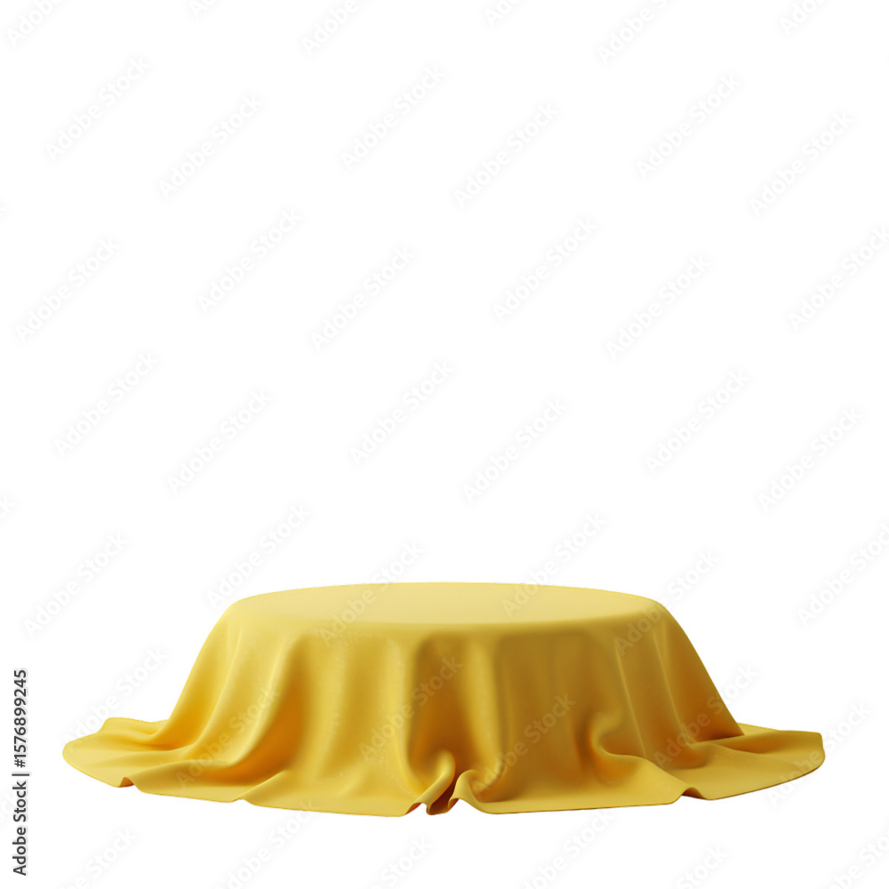 Poster 3d rendering yellow fabric drape over podium table with transparent backdrop