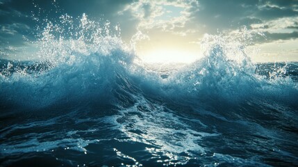 Captivating ocean waves crashing against each other with sunlight peeking through, creating stunning, dynamic sea scenery.