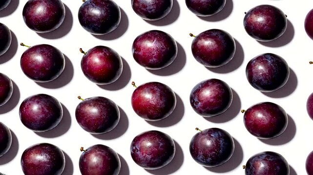 Close-up of fresh plums arranged in a grid pattern on a white background, showcasing their vibrant color