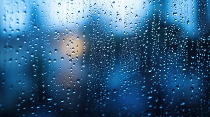 Close-up of water droplets on a rainy window, creating a serene and calming atmosphere, perfect for evoking emotions related to solitude.