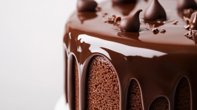 Indulge in the rich and decadent layers of this chocolate cake, beautifully adorned with smooth chocolate ganache and delightful toppings.