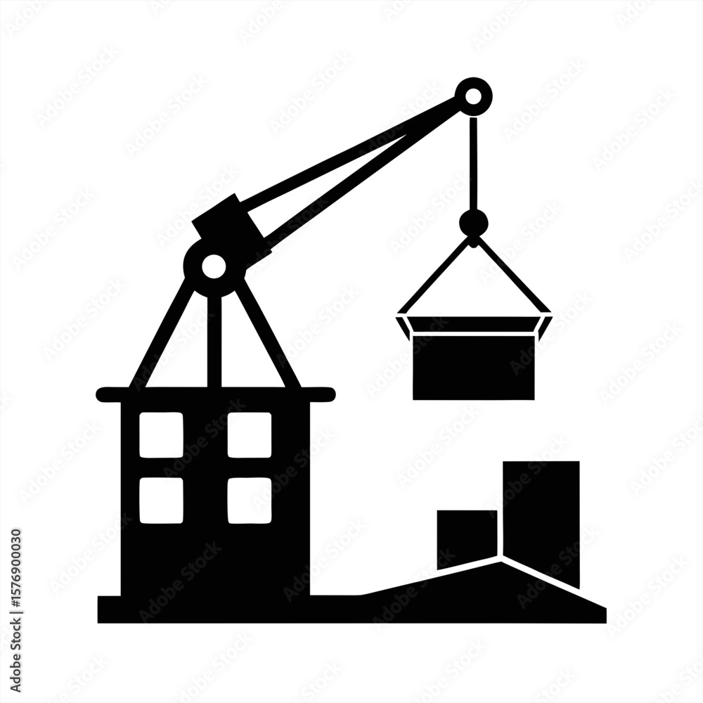 Poster port crane lifting container silhouette on transparent background for web and graphic design