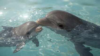 Obraz premium Two Dolphins Interacting in Turquoise Water