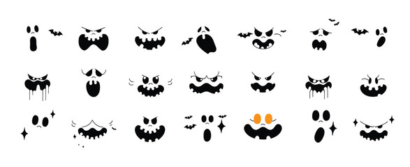 Halloween Scary Pumpkins Cut Set on White Background Featuring Spooky Jack-O’-Lantern Faces for October Celebrations, Posters, Web Graphics, Party Decor, and Digital Art


