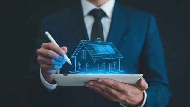 Modern architect showcasing residential property designs using a tablet display