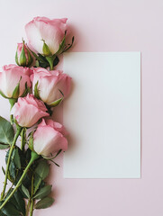 Fototapeta premium A blank white card is centered on a light pink background, surrounded by several pink roses with green leaves. 