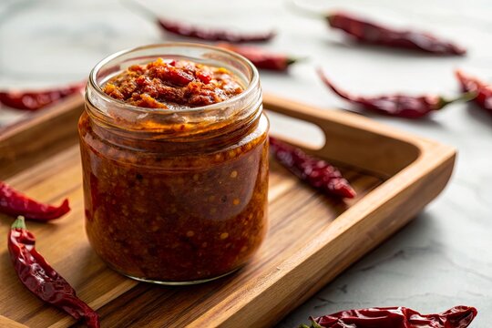 Spicy chili sauce in a glass jar on a wooden tray surrounded by dried red chilies - Powered by Adobe