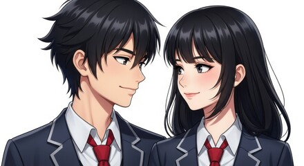Young Japanese Couple in School Uniforms Looking Affectionately at Each Other