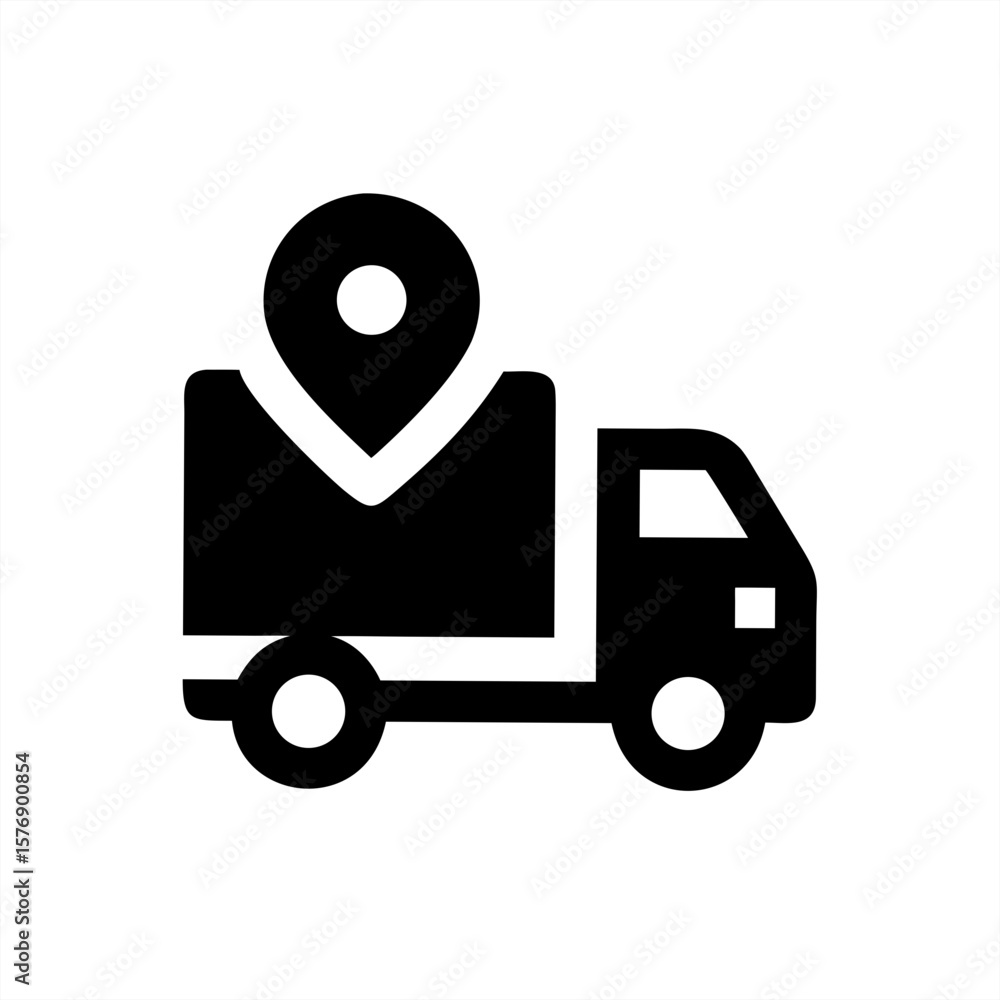 Poster delivery van with location pin silhouette on transparent background for web and graphic design