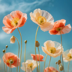 Obraz premium Delicate coral and white poppies with yellow centers dancing against a dreamy blue sky background.