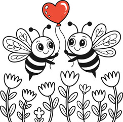 bees and flowers. Cute Bee Couple with Heart Balloon Vector Illustration