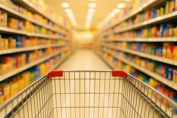 A grocery shopping cart is poised within a brightly lit, well-stocked supermarket aisle scene.