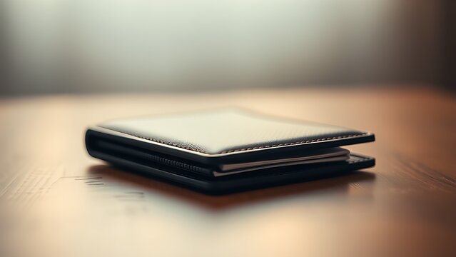 A sleek wallet lies on a wooden surface, highlighted by warm ambient lighting in a minimalist setting.