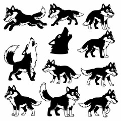 Black and white wolf poses collection for various uses