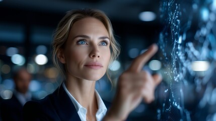 In a modern office environment, a businesswoman interacts with a digital screen displaying a global network, indicating her involvement in international business or data analysis