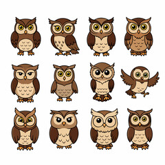 Cute owl characters set, various poses, brown color palette