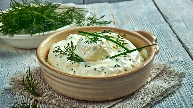 Creamy herb dip served in a rustic bowl, garnished with fresh chives and dill on a wooden table