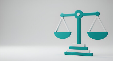 Minimalist 3D illustration: Balanced scales, justice, and fairness symbolism