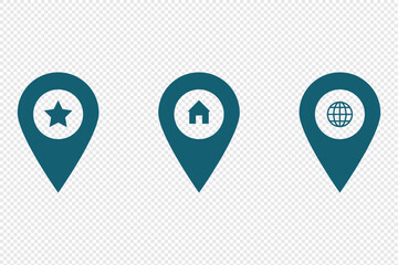 Map location pinpoint icon set collection global guide navigation illustration vector for web and app template design. Global positioning system sign. Home address geo location. Map pointer house icon