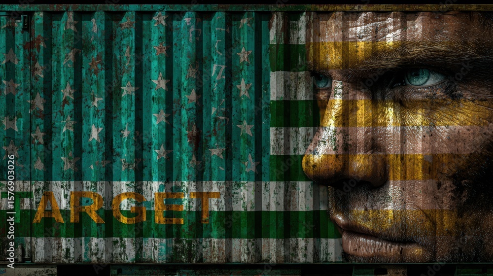 Poster urban art featuring container and abstract face with target theme