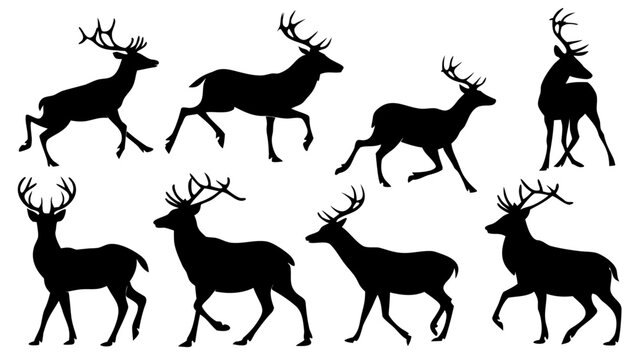 Black vector silhouettes of wild animals, including a set of deer, horse, elephant, giraffe, dog, tiger, cat, wolf, and reindeer, form a nature-inspired wildlife collection