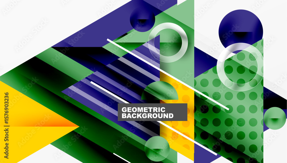Poster abstract geometric design. overlapping shapes create dynamic composition. colors include blue, green