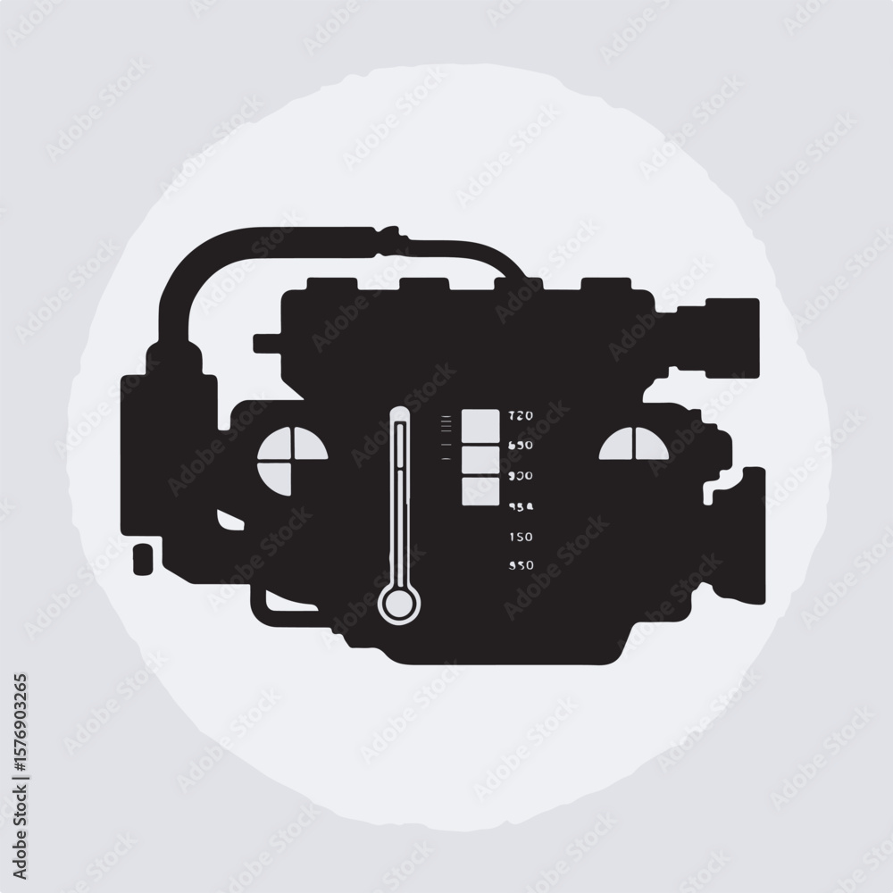 Poster conceptual illustration of an industrial engine with a temperature gauge displaying measurements and