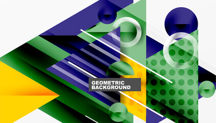 Abstract geometric design. Overlapping shapes create dynamic composition. Colors include blue, green, yellow, white. Modern aesthetic.