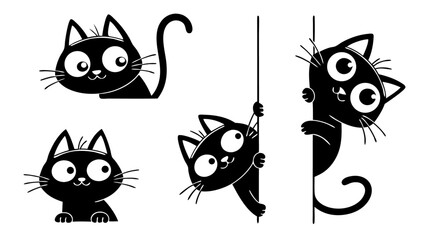 Funny black and white cartoon cats vector illustration set with cute kittens and a silly kitty character design