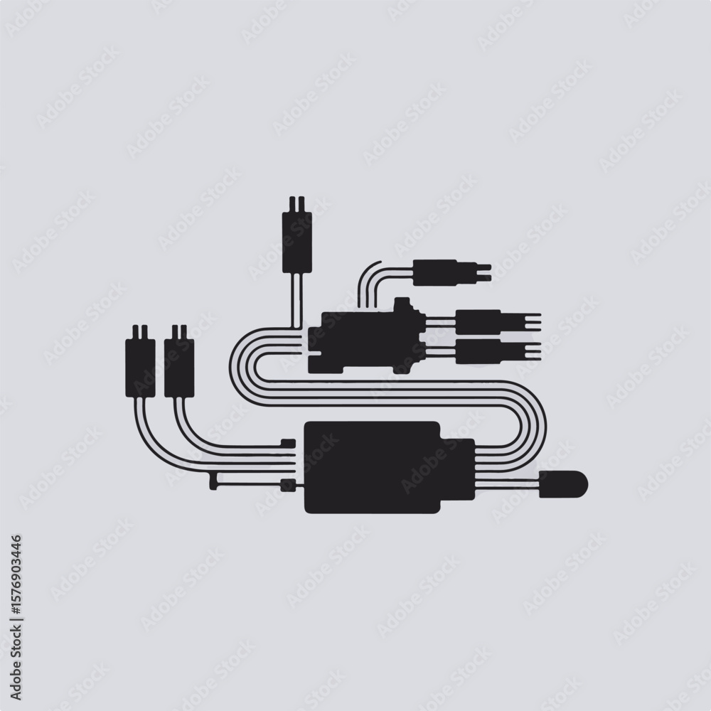 Poster minimalist vector graphic representing a simplified electrical circuit with connectors and wiring fo
