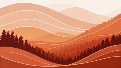 Wandcirkels Koraal Warm autumn mountain landscape with flowing orange and peach layered hills, evergreen trees silhouetted against rolling topographical contours and valleys.  © AP Backgrounds