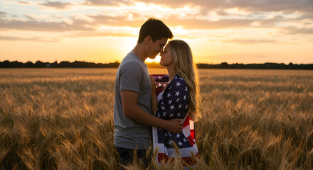 Romantic embrace at sunset: a young couple sharing affection in wheat field