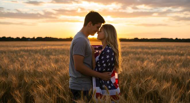 Romantic embrace at sunset: a young couple sharing affection in wheat field