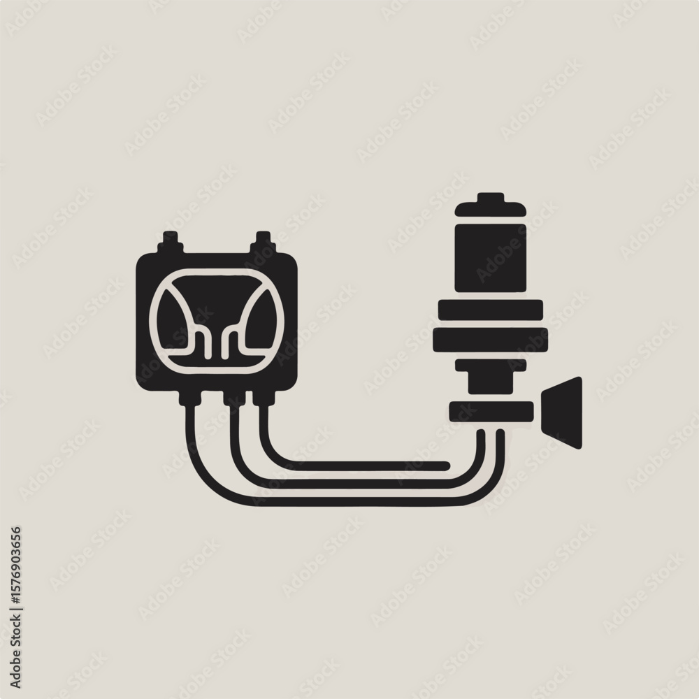 Poster simplified illustration of a system showing a control box and a connector for industrial usage