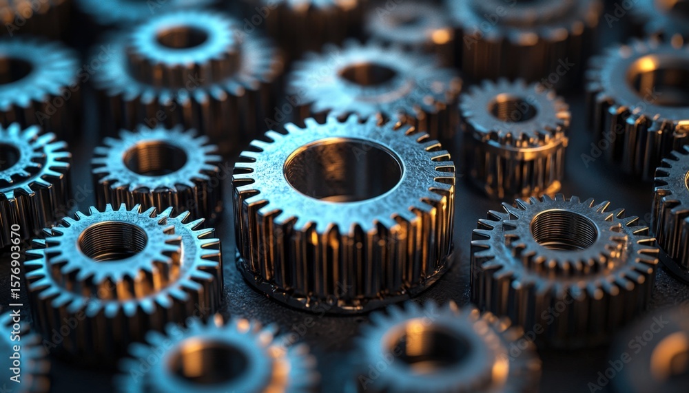 Poster close-up of metallic gears highlighting precision engineering and mechanical components
