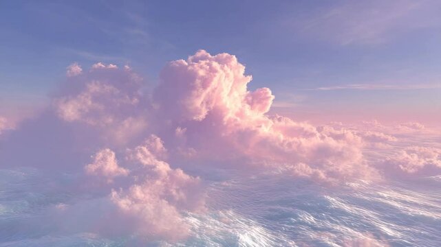 Soft pink and blue cloudscape at sunrise or sunset. Aerial view of fluffy clouds above a sea of clouds.  Pastel colors and soft lighting create a serene atmosphere.