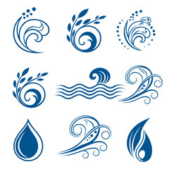 Obraz premium Blue vector set of water drop, wave, splash, and floral ornament icons for seamless ocean nature design patterns