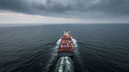 Obraz premium Aerial Front View of Medium Sized Cargo Ship Loaded with Containers