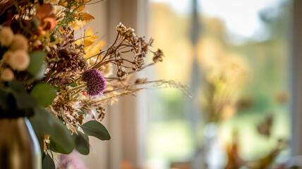 Elegant autumn floral arrangement in warm tones against a bokeh background of golden light. AI generated