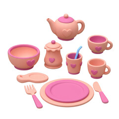 Cute Pink Teaset 3D Rendering Isolated Plate Heart Tableware