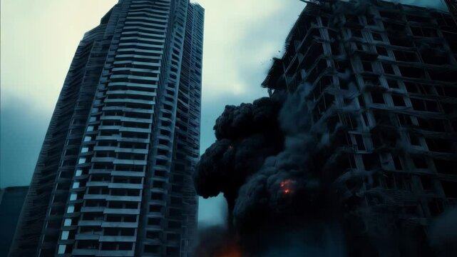 Explosion during demolition of abandoned building in urban area at dusk, showcasing destruction and debris in a dramatic urban landscape