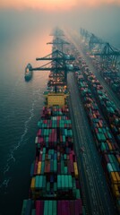Aerial View of Large International Container Port During Sunset