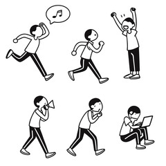 Fototapeta premium Expressive Hand-Drawn Stick Figure Character Set in Black and White Showing Emotions, Gestures, and Everyday Actions for Cartoon Illustration and Concept Design
