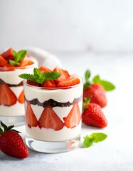 Delicious strawberry parfait layered with chocolate cake, fresh strawberries and whipped cream in a glass.