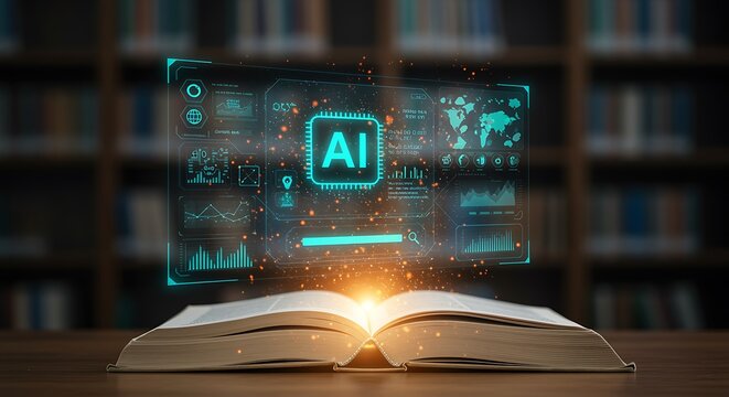 An open book illuminates a futuristic AI interface in a dark library setting for digital transformation and innovative tech learning.